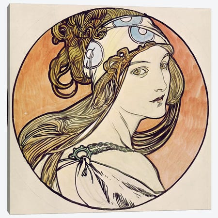 Woman With A Headscarf Canvas Print #BMN6638} by Alphonse Mucha Canvas Artwork