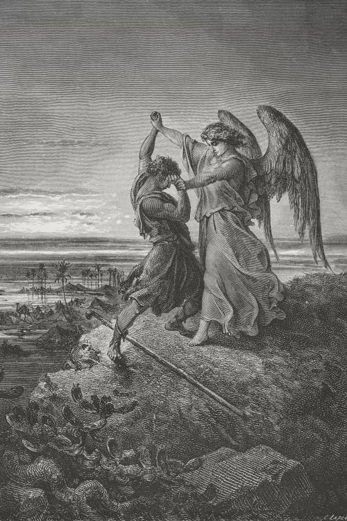 Jacob Wrestling With The Angel, Genesis 32:24-32 (Illustration From Dore's The Holy Bible), 1866