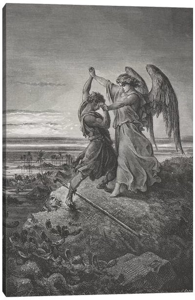 Jacob Wrestling With The Angel, Genesis 32:24-32 (Illustration From Dore's The Holy Bible), 1866 Canvas Art Print - Religious Figure Art