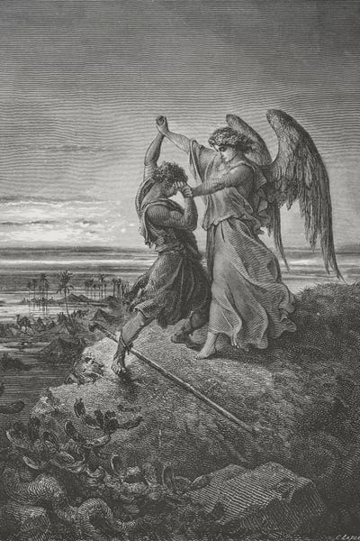 Christianity: Jacob Wrestling With The Angel, Genesis 32:24-32 (Illustration From Dore's The Holy Bible), 1866 by Gustave Dore