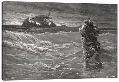 Jesus Walking On The Sea, John 6:19-21 (Illustration From Dore's The Holy Bible), 1866 Canvas Art Print - Christian Art