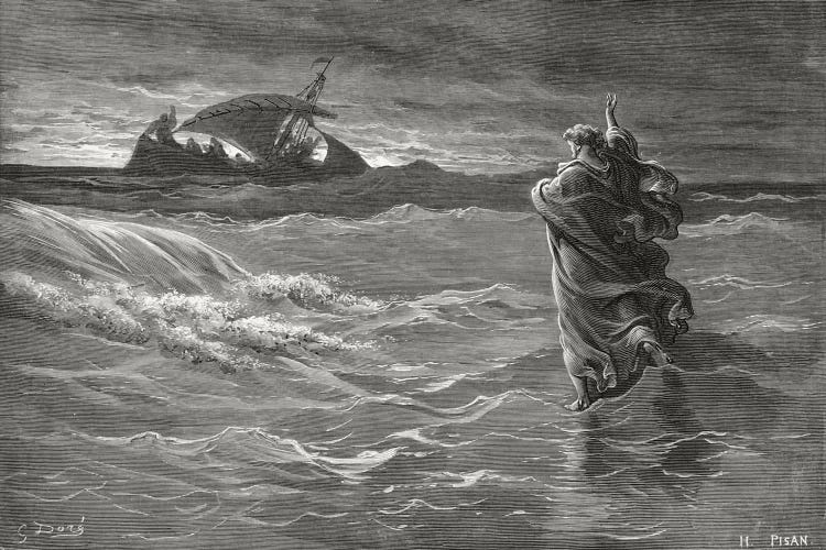 Jesus Walking On The Sea, John 6:19-21 (Illustration From Dore's The Holy Bible), 1866 by Gustave Dore wall art