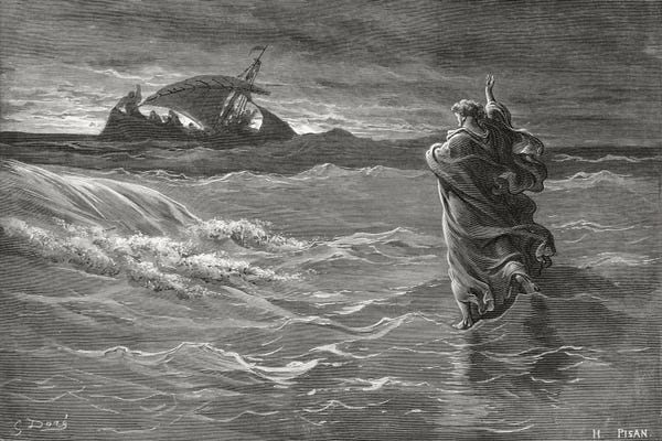 Christianity: Jesus Walking On The Sea, John 6:19-21 (Illustration From Dore's The Holy Bible), 1866 by Gustave Dore
