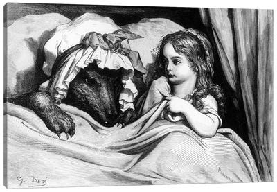 Little Red Riding Hood And The Wolf (Illustration From Les Contes de Perrault) Canvas Art Print