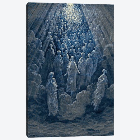 The Angels In The Planet Mercury: Beatrice Ascends With Dante To The Planet Mercury In Blue (Dante's Divine Comedy: Paradiso) Canvas Print #BMN6812} by Gustave Dore Canvas Artwork