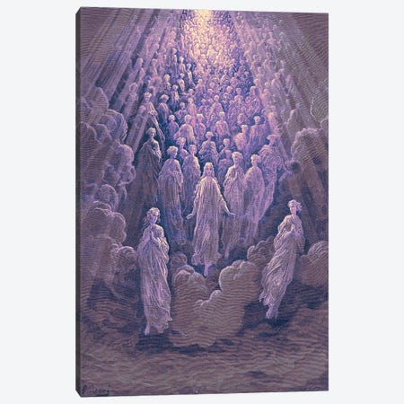 The Angels In The Planet Mercury: Beatrice Ascends With Dante To The Planet Mercury In Purple (Dante's Divine Comedy: Paradiso) Canvas Print #BMN6813} by Gustave Dore Canvas Artwork