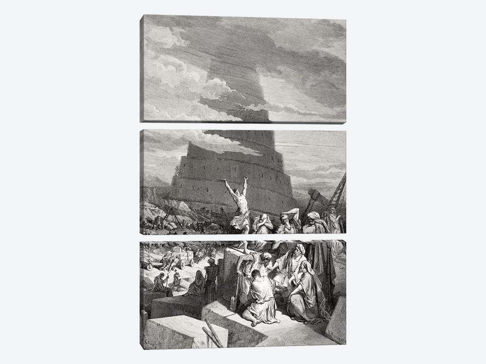 The Confusion Of Tongues, Genesis 11:7-9 (Illustration From Dore's The Holy Bible), 1866 by Gustave Dore 3-piece Canvas Print