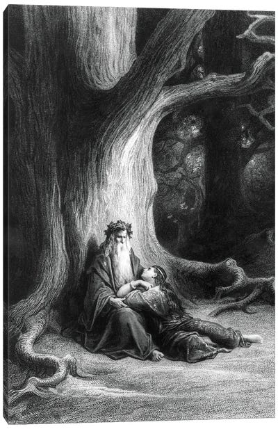 The Enchanter Merlin And The Fairy Vivien In The Forest Broceliande (Illustration From Tennyson's Vivien) Canvas Art Print - Wizards