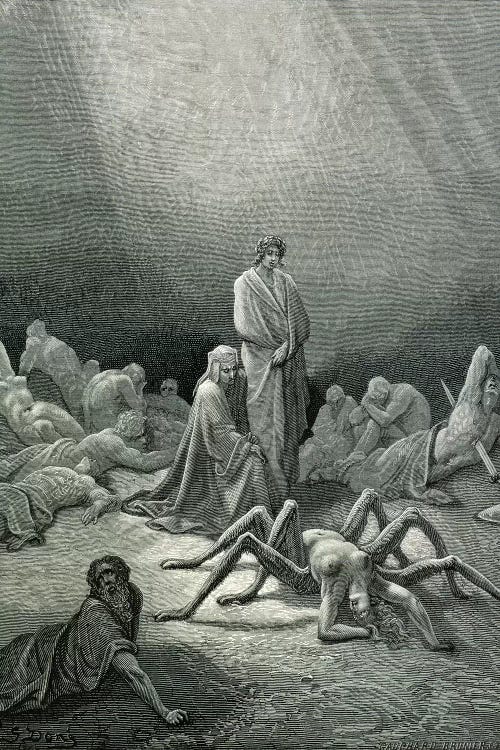 Virgil And Dante Looking At The Spider Woman (Illustration From Dante's Divine Comedy: Inferno)