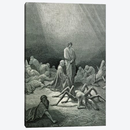 Virgil And Dante Looking At The Spider Woman (Illustration From Dante's Divine Comedy: Inferno) Canvas Print #BMN6831} by Gustave Dore Canvas Art