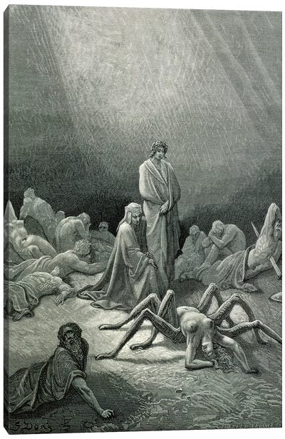 Virgil And Dante Looking At The Spider Woman (Illustration From Dante's Divine Comedy: Inferno) Canvas Art Print - Gustave Dore