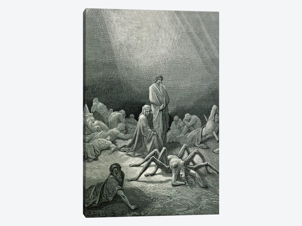 Virgil And Dante Looking At The Spider Woman (Illustration From Dante's Divine Comedy: Inferno) by Gustave Dore 1-piece Canvas Artwork