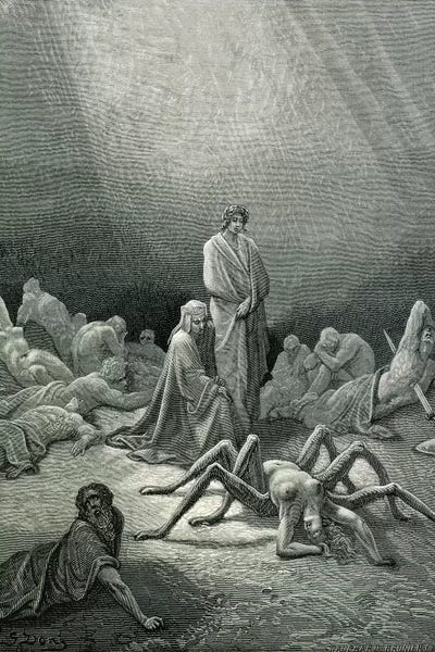 Gustave Dore: Virgil And Dante Looking At The Spider Woman (Illustration From Dante's Divine Comedy: Inferno) by Gustave Dore