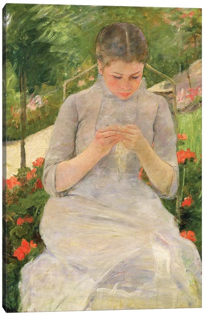 Young Woman Sewing In The Garden, c.1880-82 Canvas Art Print - Knitting & Sewing