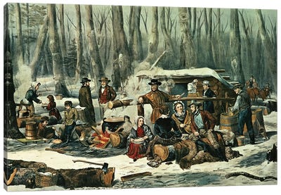 American Forest Scene - Maple Sugaring, 1856 Canvas Art Print - Currier & Ives