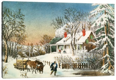 Bringing Home The Logs, Winter Landscape, 19th Century Canvas Art Print - Currier & Ives