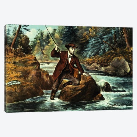 Brook Trout Fishing - An Anxious Moment, 1862 Canvas Print #BMN6902} by Currier & Ives Canvas Wall Art