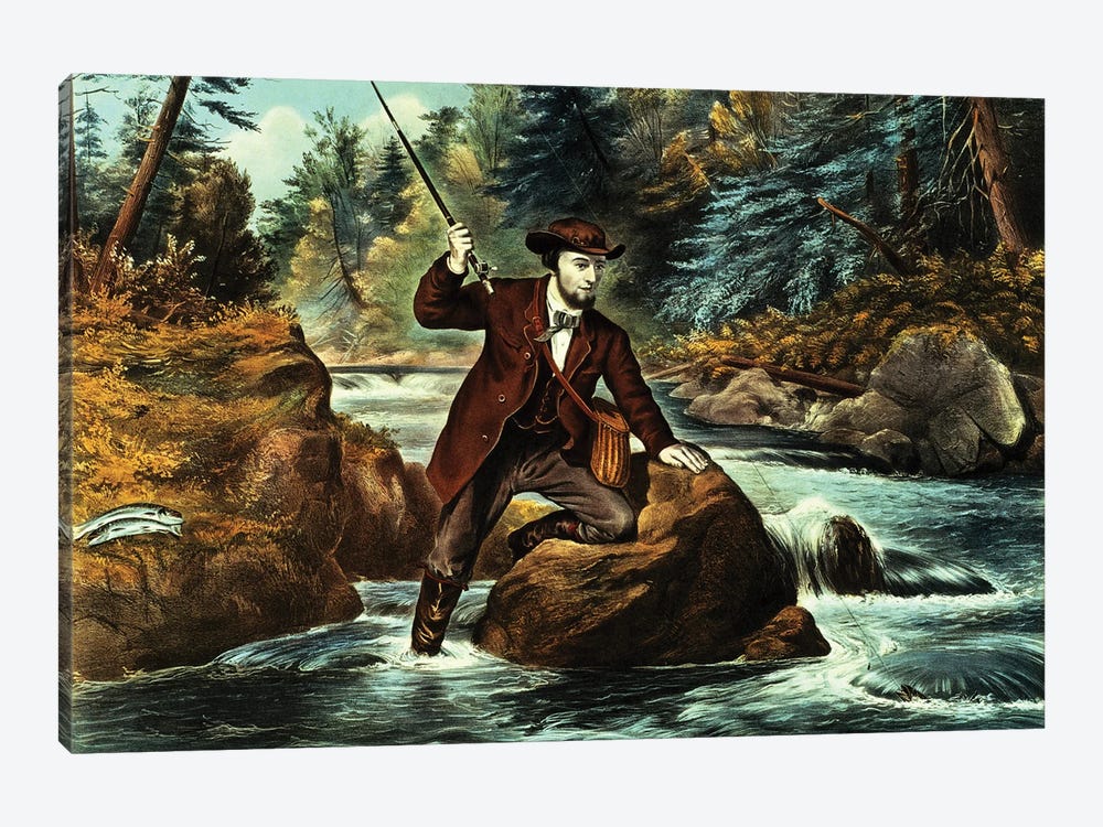 Brook Trout Fishing - An Anxious Moment, 1862 by Currier & Ives 1-piece Canvas Art Print