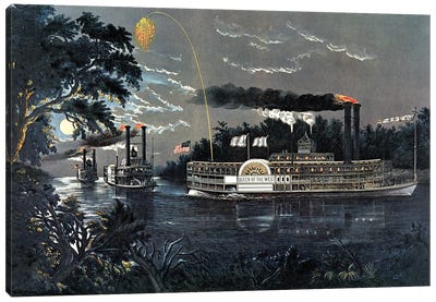 Rounding A Bend On The Mississippi Steamboat "Queen Of The West" Canvas Art Print - Currier & Ives