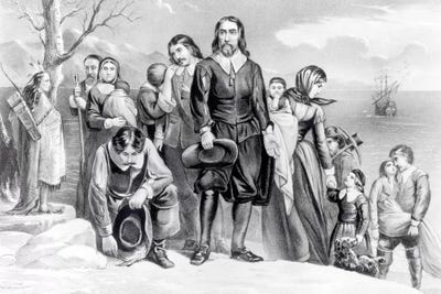 The Landing Of The Pilgrims At Plymouth, Massachusetts, 22nd December, 1620 (B&W) by Currier & Ives metal wall art