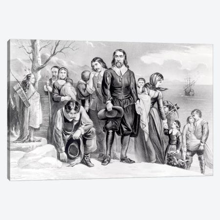 The Landing Of The Pilgrims At Plymouth, Massachusetts, 22nd December, 1620 (B&W) Canvas Print #BMN6931} by Currier & Ives Canvas Art Print