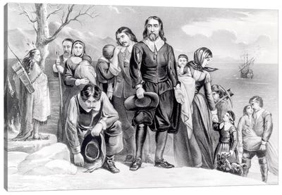 The Landing Of The Pilgrims At Plymouth, Massachusetts, 22nd December, 1620 (B&W) Canvas Art Print - Currier & Ives