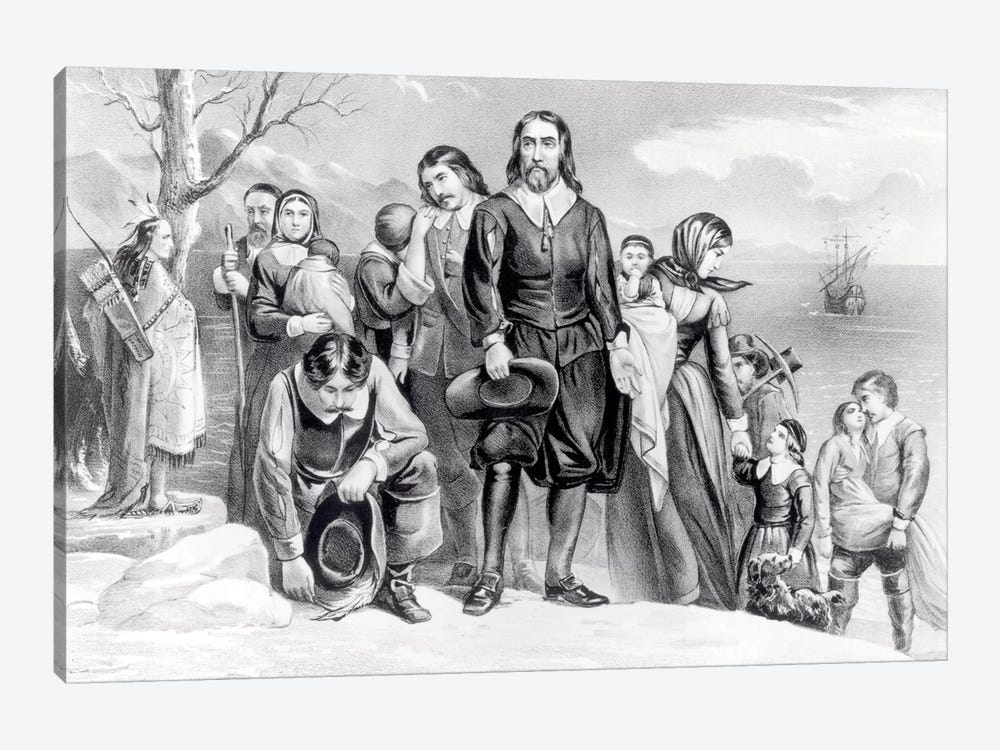 The Landing Of The Pilgrims At Plymouth, Massachusetts, 22nd December, 1620 (B&W) by Currier & Ives 1-piece Canvas Print