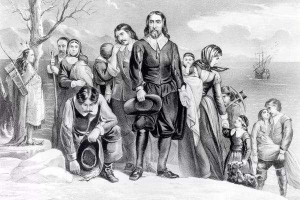 Currier & Ives: The Landing Of The Pilgrims At Plymouth, Massachusetts, 22nd December, 1620 (B&W) by Currier & Ives