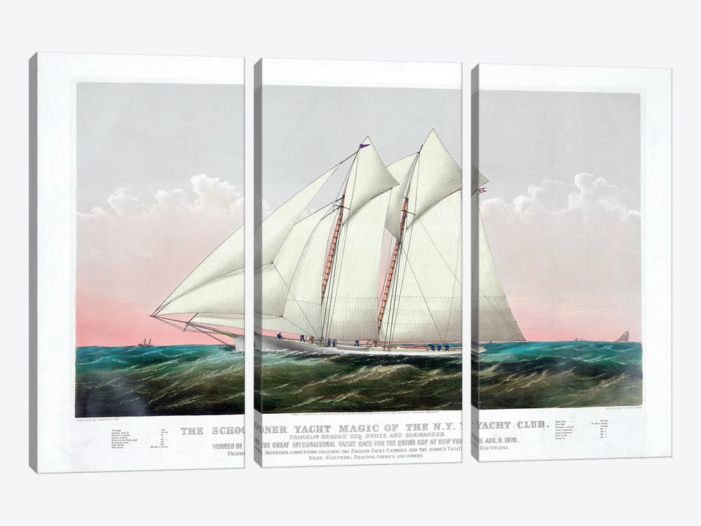 The Schooner Magic Of The New York Yacht Club, 1870 by Currier & Ives 3-piece Canvas Print