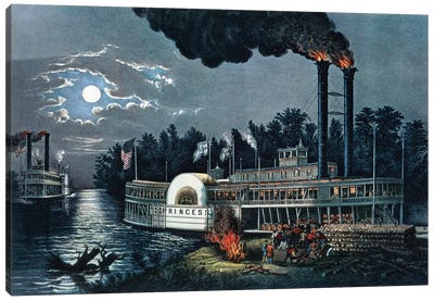 Wooding Up On The Mississippi Canvas Art Print - Currier & Ives