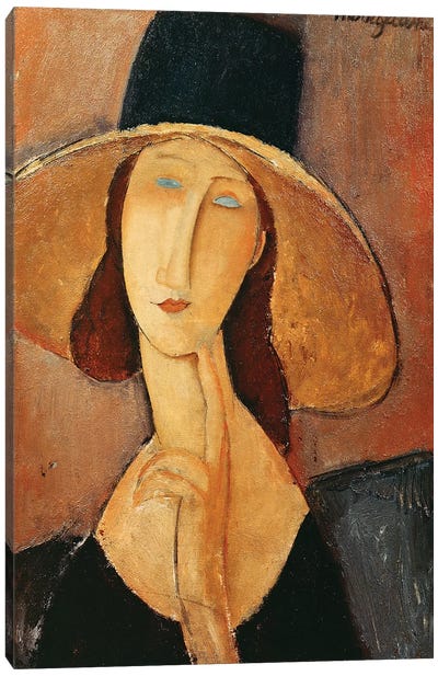 Portrait Of Jeanne Hebuterne In A Large Hat, c.1918-19 Canvas Art Print - Amedeo Modigliani