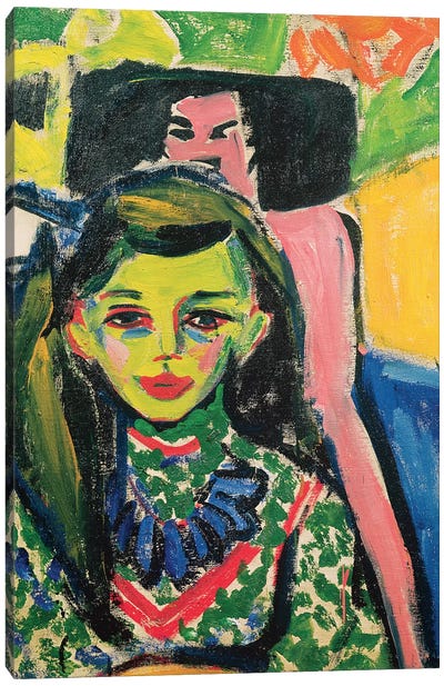 Portrait Of Franzi In Front Of Carved Chair, 1910 Canvas Art Print - Ernst Ludwig Kirchner
