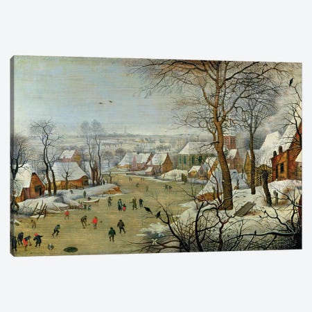 Winter Landscape with Skaters and a Bird Trap Canvas Print #BMN704} by Pieter Brueghel the Younger Canvas Art