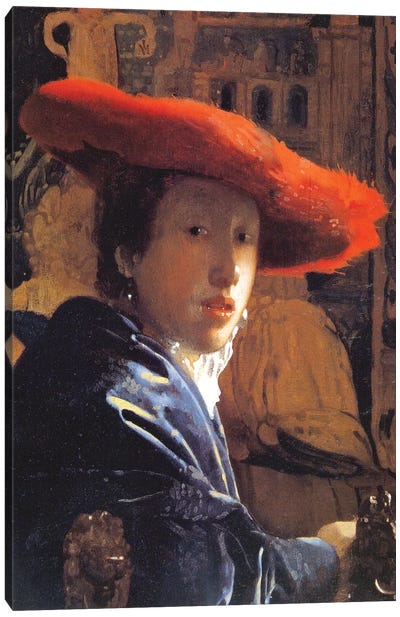 Girl With A Red Hat, c.1665 Canvas Art Print - Dutch Golden Age Art