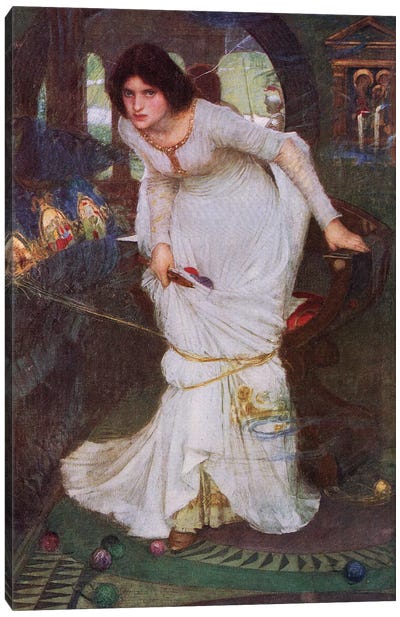 The Lady Of Shalott Looking At Lancelot (Lithograph From 1915 Edition Of Bibby's Annual)  Canvas Art Print - John William Waterhouse