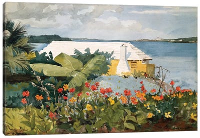 Flower Garden And Bungalow, Bermuda, 1889 Canvas Art Print - Coastal Village & Town Art