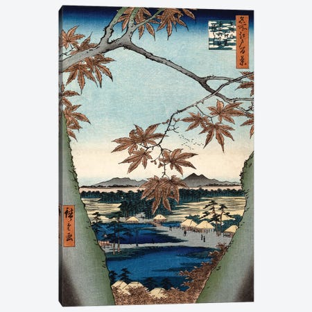Maple Leaves, The Tekona Shrine And The Bridge At Mama (Private Collection) Canvas Print #BMN7262} by Utagawa Hiroshige Canvas Art