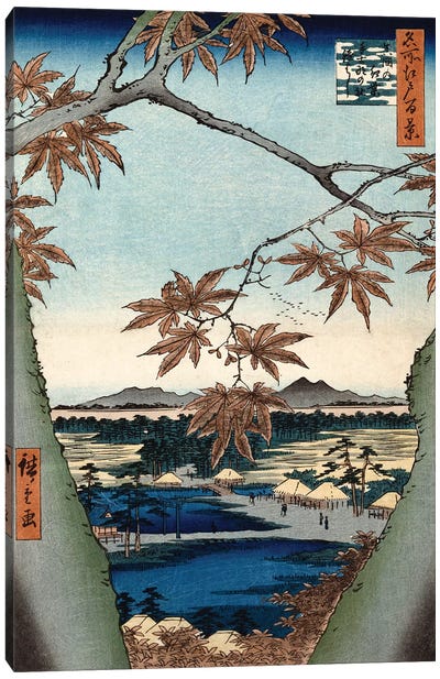 Maple Leaves, The Tekona Shrine And The Bridge At Mama (Private Collection) Canvas Art Print - Utagawa Hiroshige