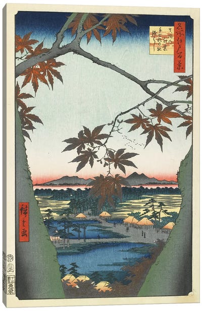 Maple Leaves, The Tekona Shrine And The Bridge At Mama, January 1857 (Minneapolis Institute Of Art) Canvas Art Print - Utagawa Hiroshige