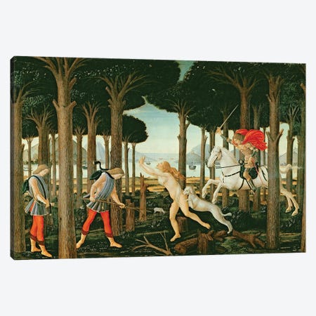 Nastagio's Vision of the Ghostly Pursuit in the Forest: Scene I of The Story of Nastagio degli Onesti, c.1483  Canvas Print #BMN726} by Sandro Botticelli Canvas Artwork