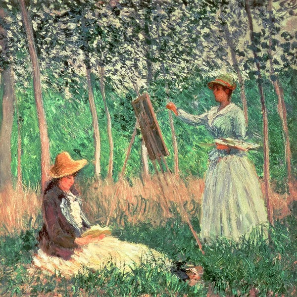 Claude Monet: In the Woods at Giverny: Blanche Hoschede at her easel with Suzanne Hoschede reading, 1887  by Claude Monet