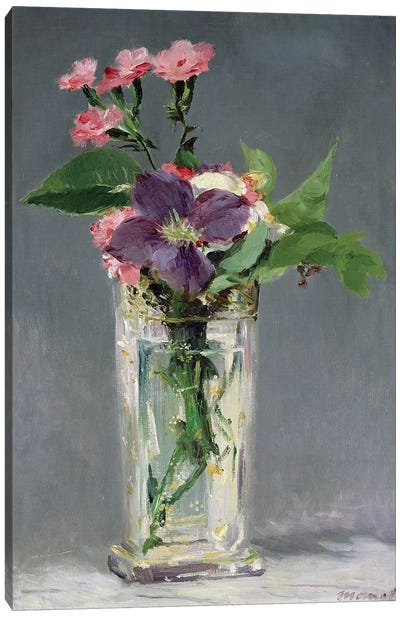 Pinks and Clematis in a Crystal Vase, c.1882  Canvas Art Print - Pottery Still Life