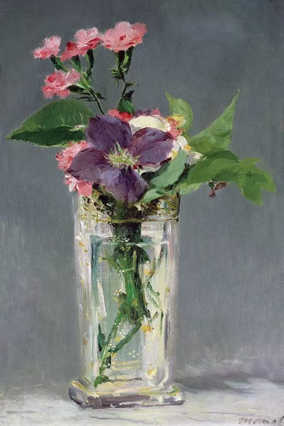 Pottery Still Life: Pinks and Clematis in a Crystal Vase, c.1882  by Edouard Manet
