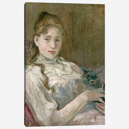 Young Girl With A Cat, 1892 Canvas Print #BMN7414} by Berthe Morisot Canvas Wall Art