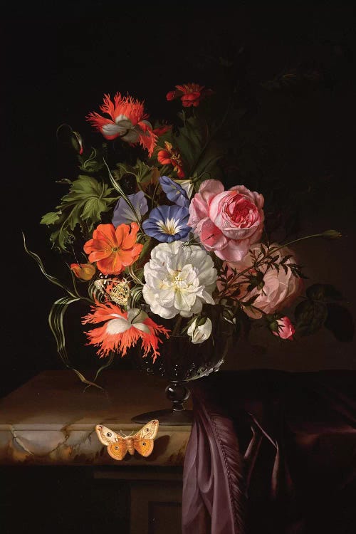 A Still Life Of Flowers In A Vase On A Ledge