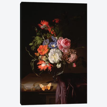A Still Life Of Flowers In A Vase On A Ledge Canvas Print #BMN7445} by Rachel Ruysch Canvas Print