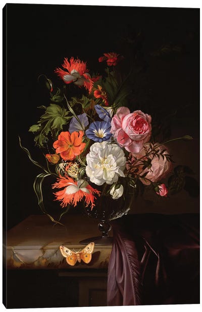 A Still Life Of Flowers In A Vase On A Ledge Canvas Art Print - Rachel Ruysch
