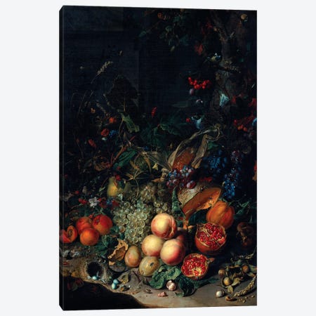 Peaches, Grapes, Pomegranates, Melons, A Corncob, Apricots, Plums, Pears And Acorns, 1718 Canvas Print #BMN7451} by Rachel Ruysch Canvas Print