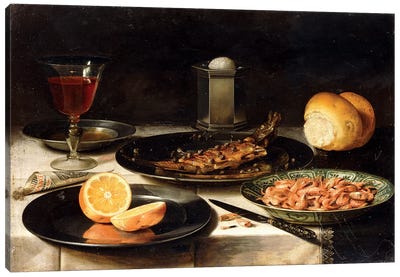 A Herring With Capers And A Sliced Orange On Plates And A Bowl Of Shrimp On A Table Canvas Art Print