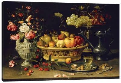 Still Life Of Fruit And Flowers, 1608-21 Canvas Art Print - Food & Drink Art